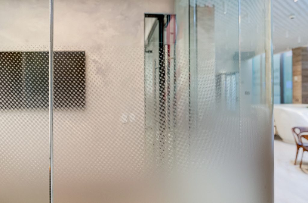Crystal-dusted film offers visual privacy in an open floorplan.